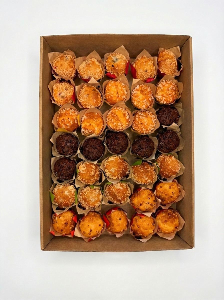 Mini gourmet muffins for sweet catering platters and afternoon tea.  