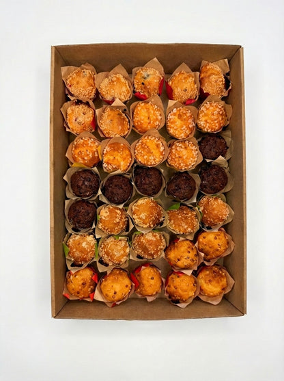 Mini gourmet muffins for sweet catering platters and afternoon tea.  