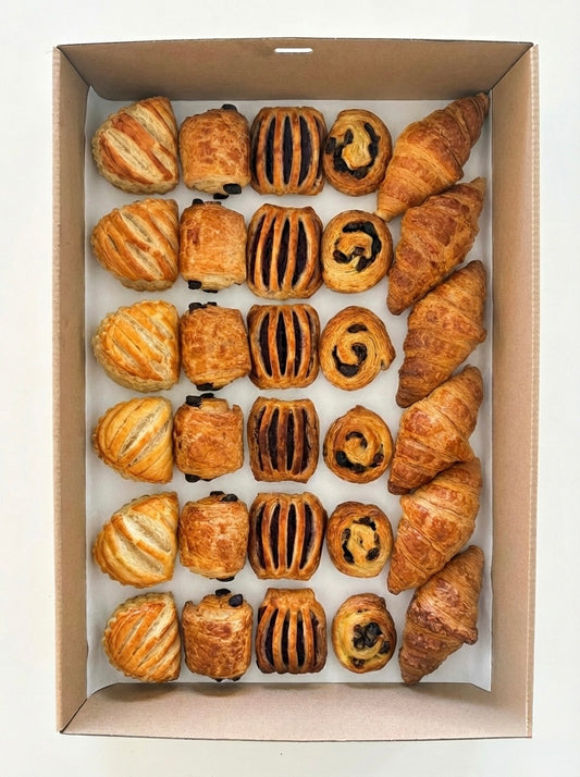 Assorted French sweet pastry catering box featuring croissants, pain au chocolat, danishes, snails and apple turnover for Brisbane morning tea.