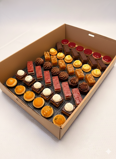 Elegant French petit four dessert platter for weddings, private parties, and high-end corporate functions.